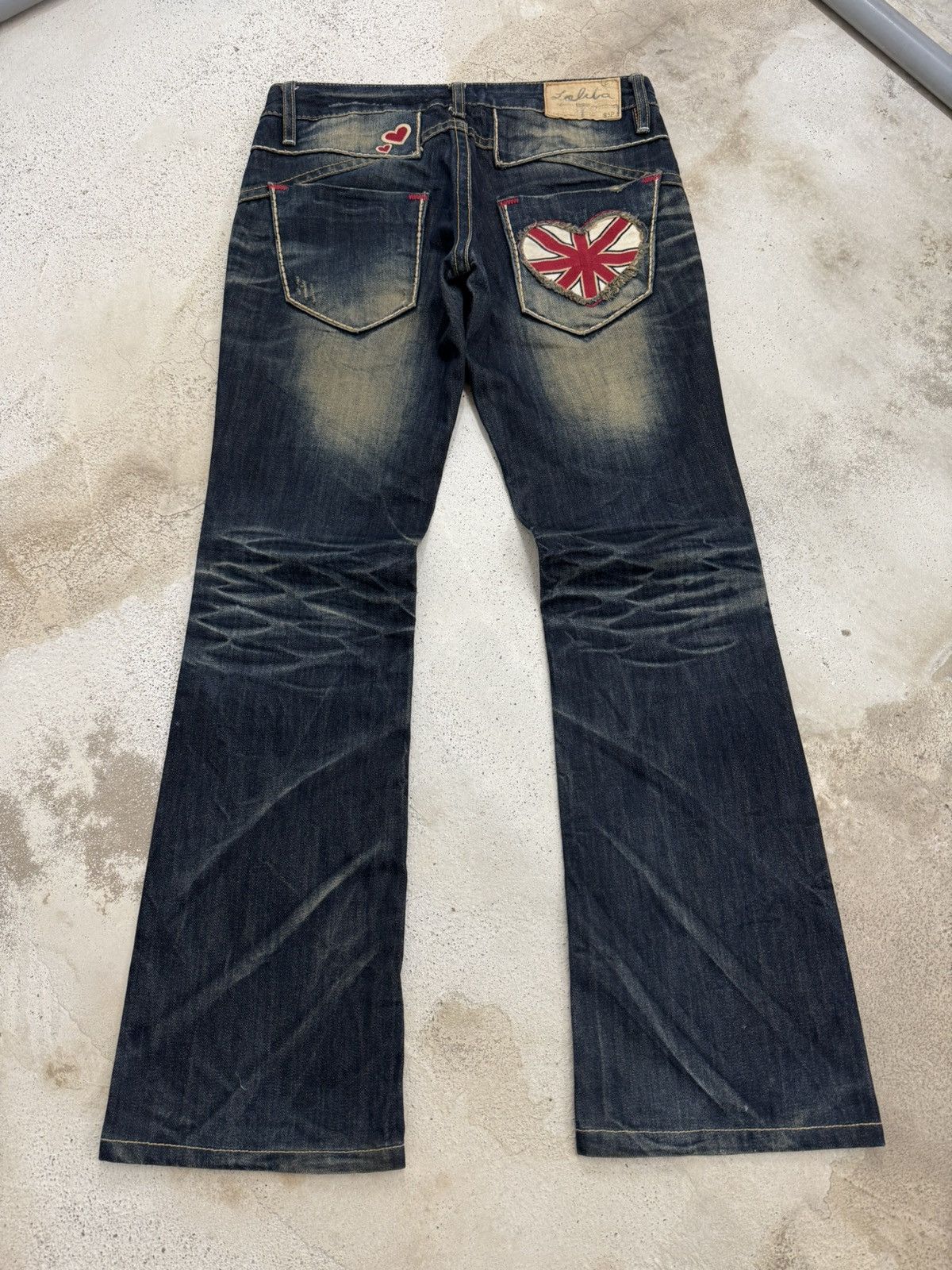 Japanese Brand Lolita Dark Mudwash Whisker Embroidery Flare Denim Pants Size US 27 - 2 Thumbnail