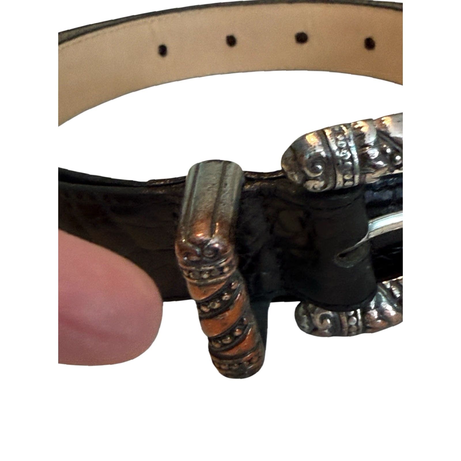 Brighton VINTAGE Brighton Belt Black Croc Embossed Leather 1” Wide Medium Read Womens Belt 1994 Cowboys Rodeo Western Style Buckle Adjustable Silver Hardware Size ONE SIZE - 4 Thumbnail