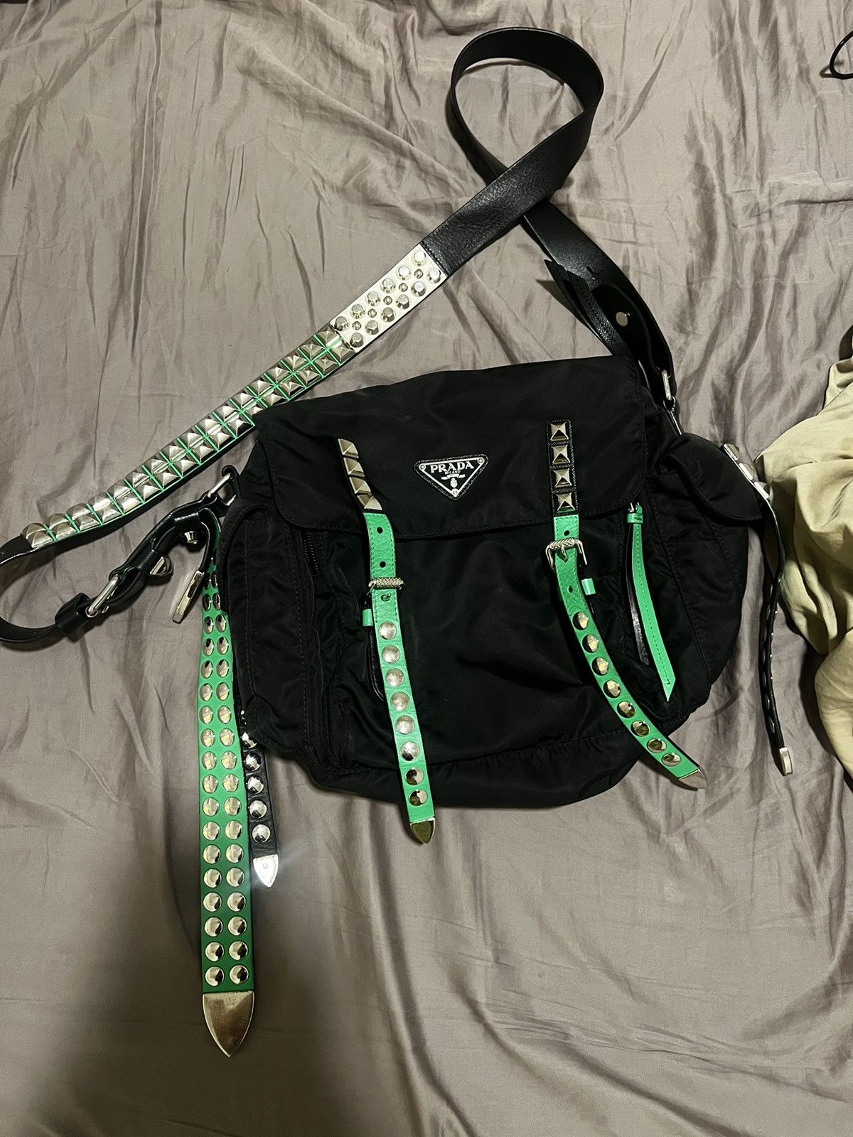 image of Prada Green New Vela Nylon Studded Messenger Bag in Black, Men's