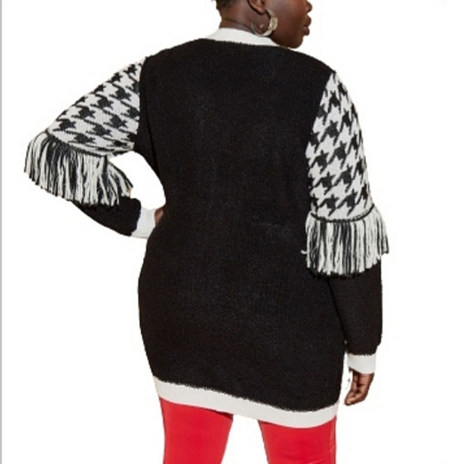 Other BLACK /WHITE HOUNDSTOOTH ☆ FRINGED ☆ LONG CARDIGAN 5x ☆ NWT Size 4XL / US 24-26 - 4 Thumbnail