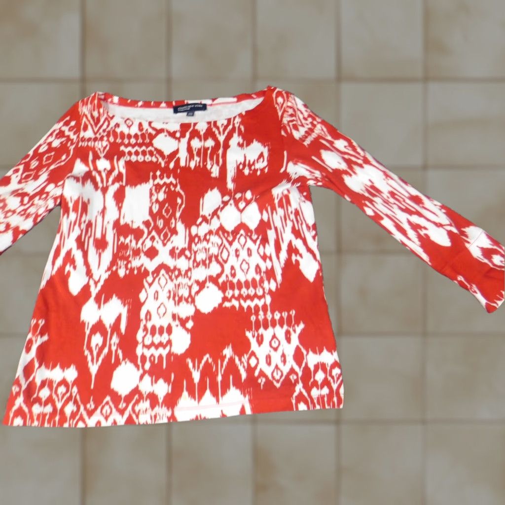 Jones New York Jones New York Blouse Shirt Womens S Red Geometric Classic Cotton Stretch Crew Neck Pullover Cap Sleeve Vintage No Size S / US 4 / IT 40 - 1 Thumbnail
