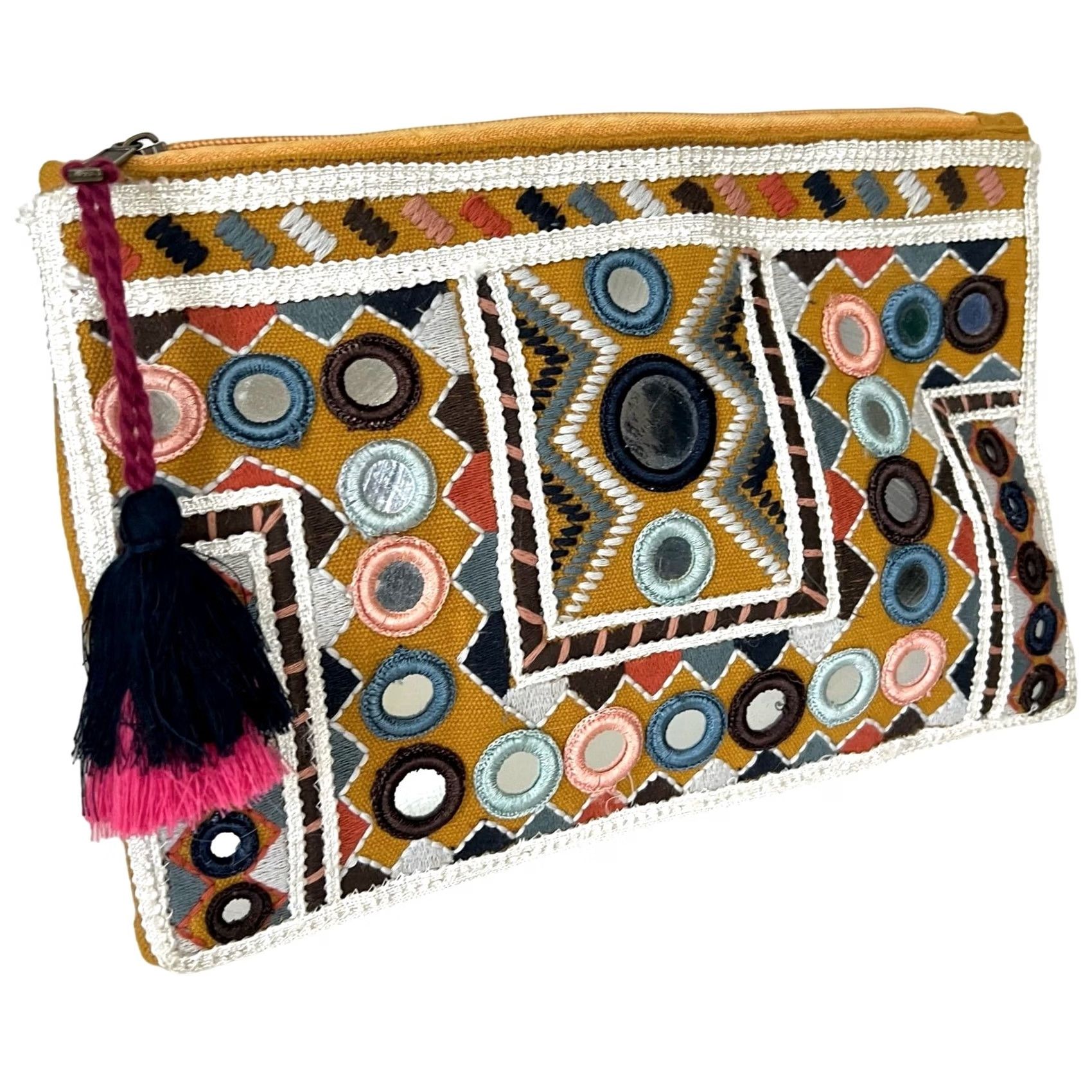 Vintage Lovestitch Zip Pouch Clutch Boho Mirrored Embroidered Tassel Mini Bag Size ONE SIZE - 5 Thumbnail