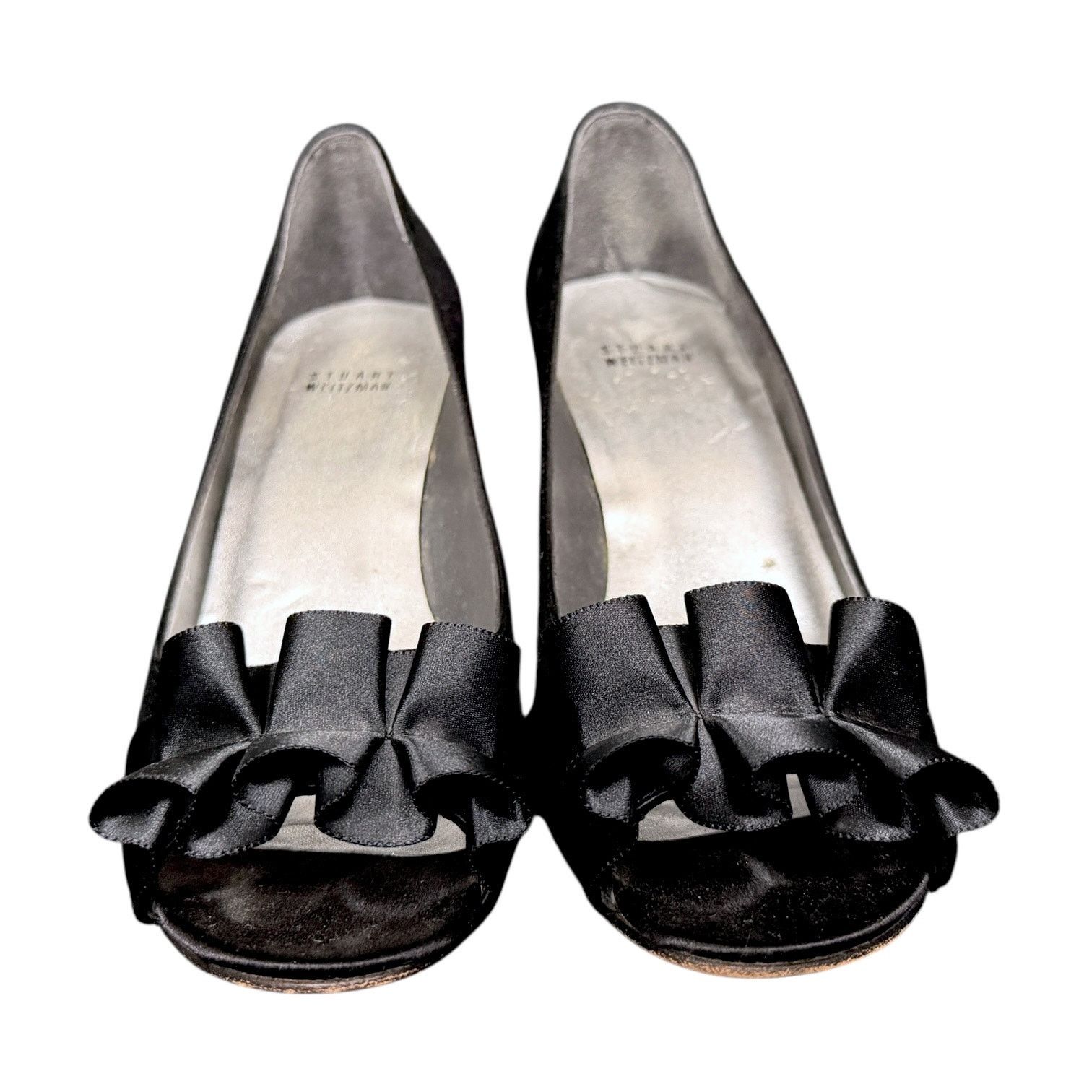 Stuart Weitzman Stuart Weitzman Black Satin Ruffle Bow Open High Heel 10.5 Size US 10.5 / IT 40.5 - 2 Thumbnail