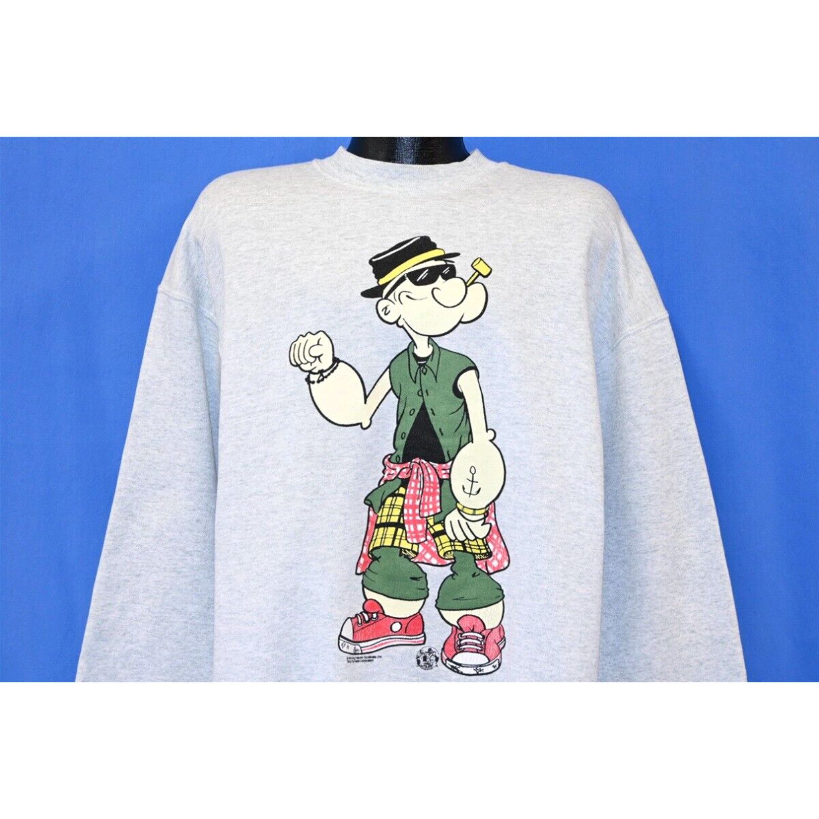 image of Vintage VTG 90's Popeye Sailor Man Hip Hop Cartoon 2 Sided Long sleeve Gray Crewneck Sweatshirt XL 