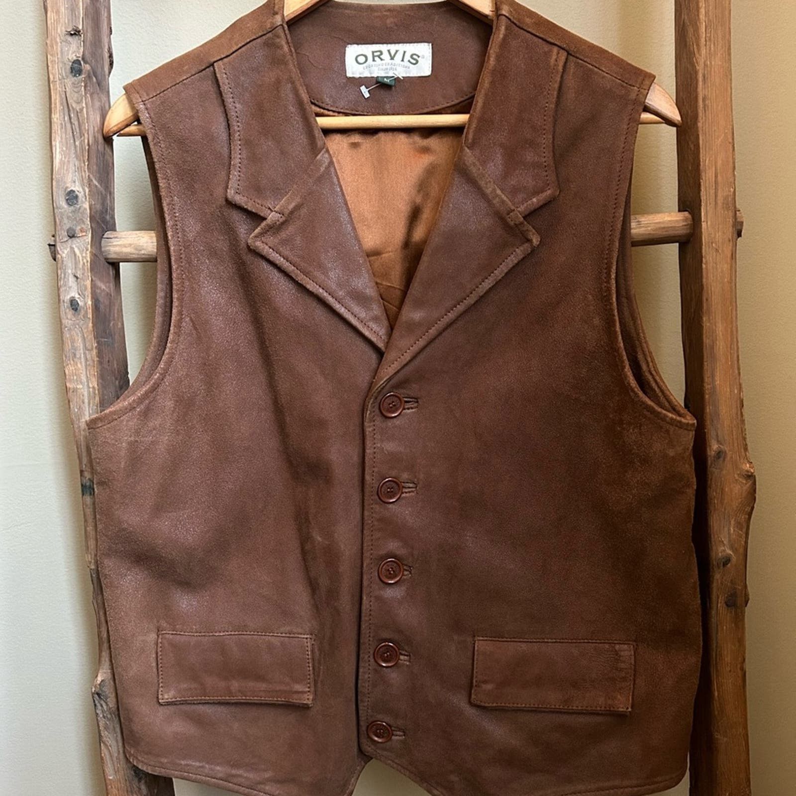 image of Orvis' Brown Leather Five Button Notch Lapel Vest Western, Men's (Size Medium)