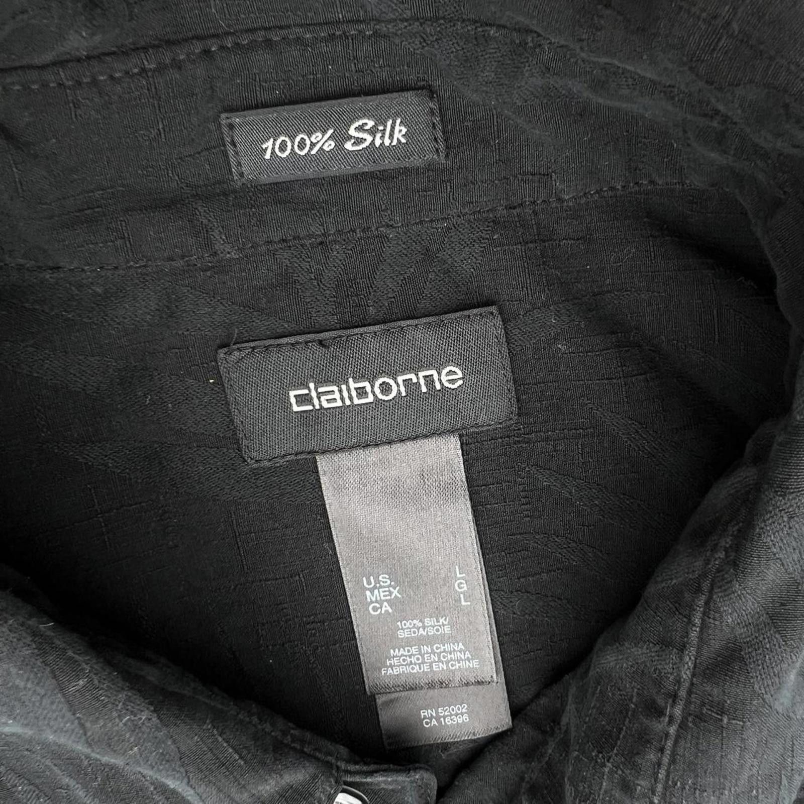 Liz Claiborne Y2K Black Silk Tonal Palm Pattern Shirt Size US L / EU 52-54 / 3 - 3 Thumbnail