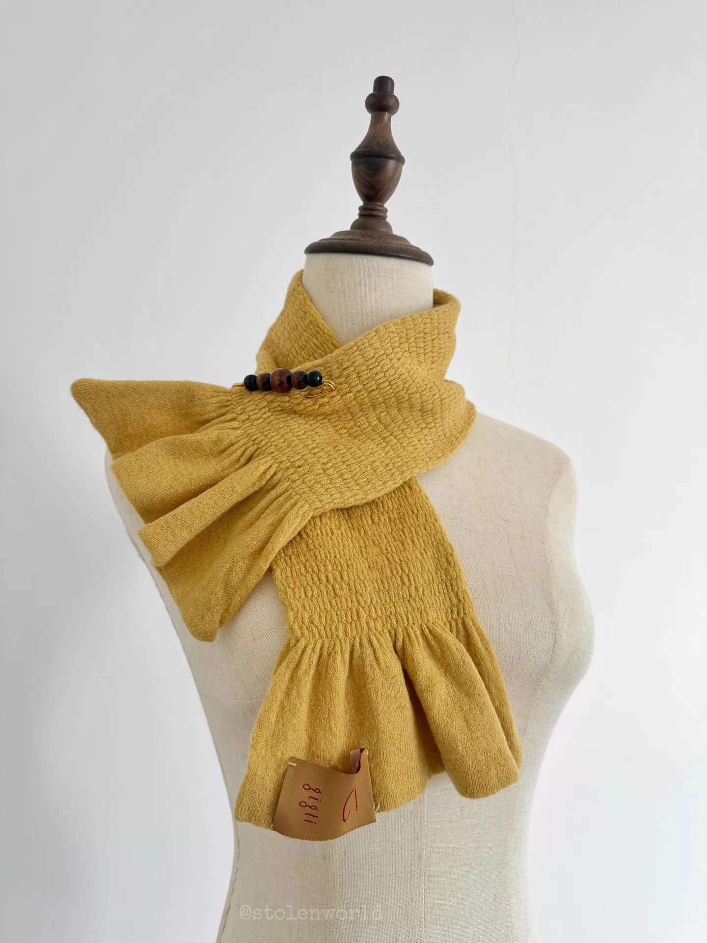 Romeo Gigli Romeo Gigli Pleated Wool Scarf Mustard Wooden Bead Pin Size ONE SIZE - 3 Thumbnail