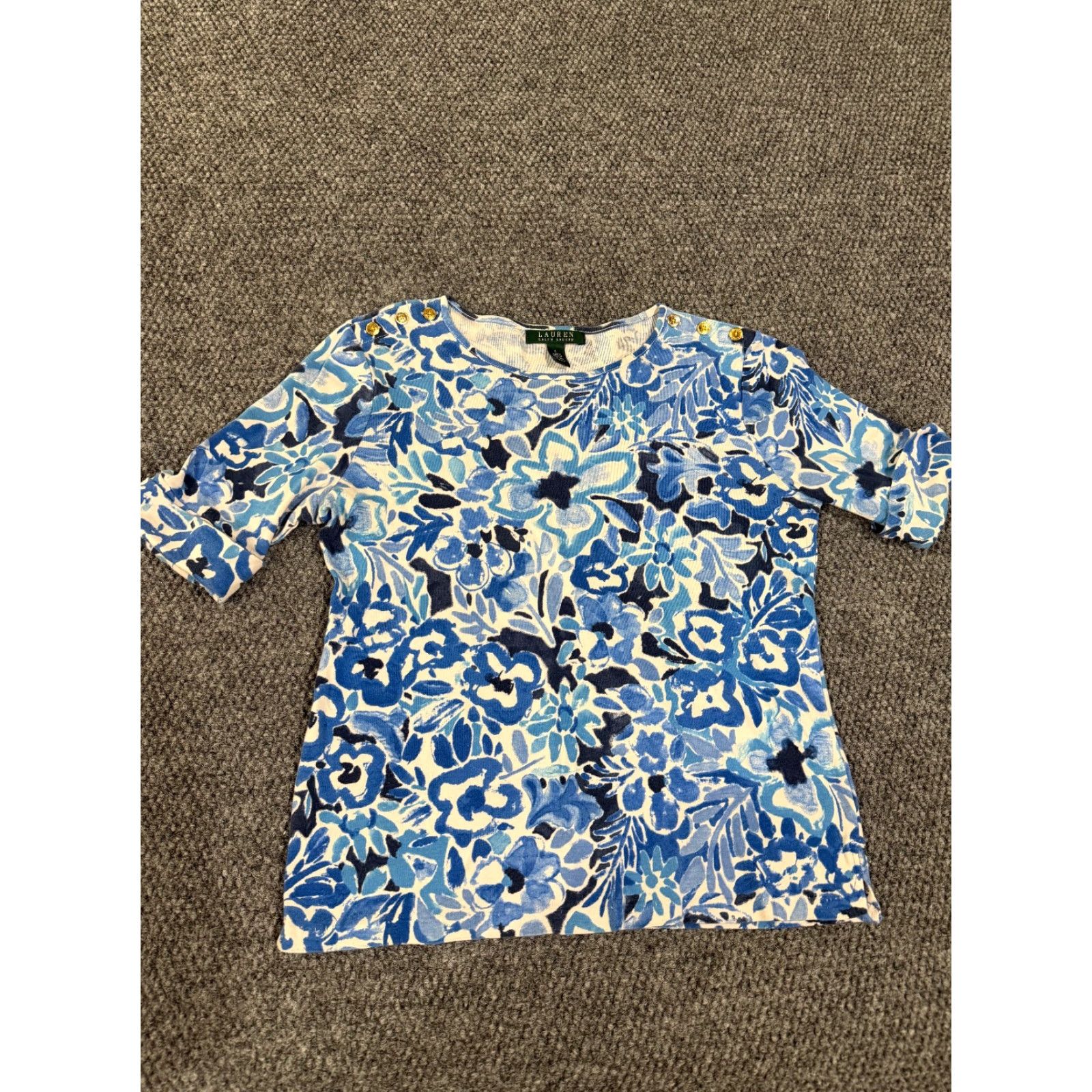 Ralph Lauren Lauren Ralph Lauren Blouse Womens L Blue Floral 3/4 Sleeve Lightweight Knit Cotton Shirt Regular Fit Womens Size L / US 10 / IT 46 - 2 Thumbnail
