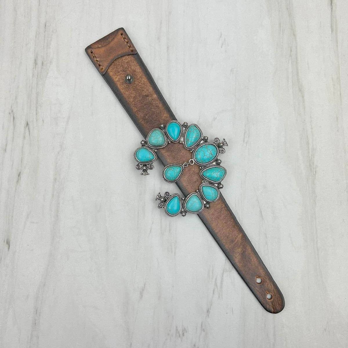 Other Brown Leather Bracelet with Large Blue Turquoise Blossom Des Size ONE SIZE - 4 Thumbnail