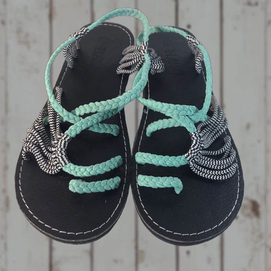 Vintage Plaka Strappy Sandals Womens Size 8 Green Black & White Striped Casual Travel Size US 8 / IT 38 - 1 Thumbnail