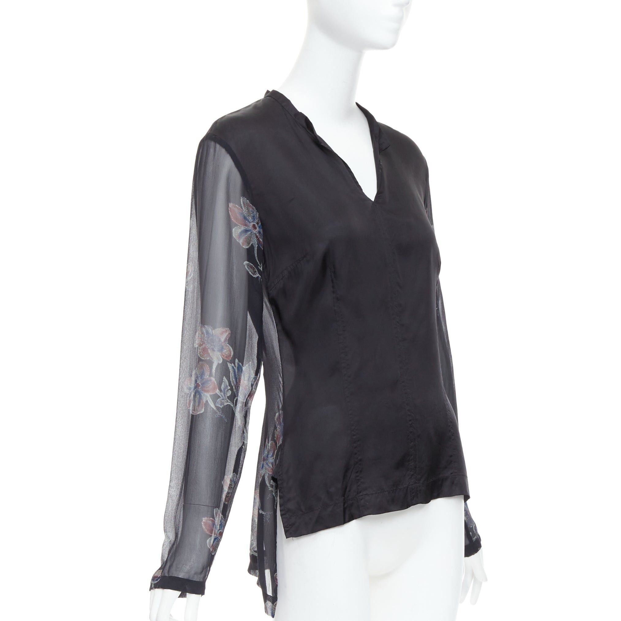 DRIES VAN NOTEN 1990s Vintage 100% silk floral sheer sleeves hi low blouse FR38 M