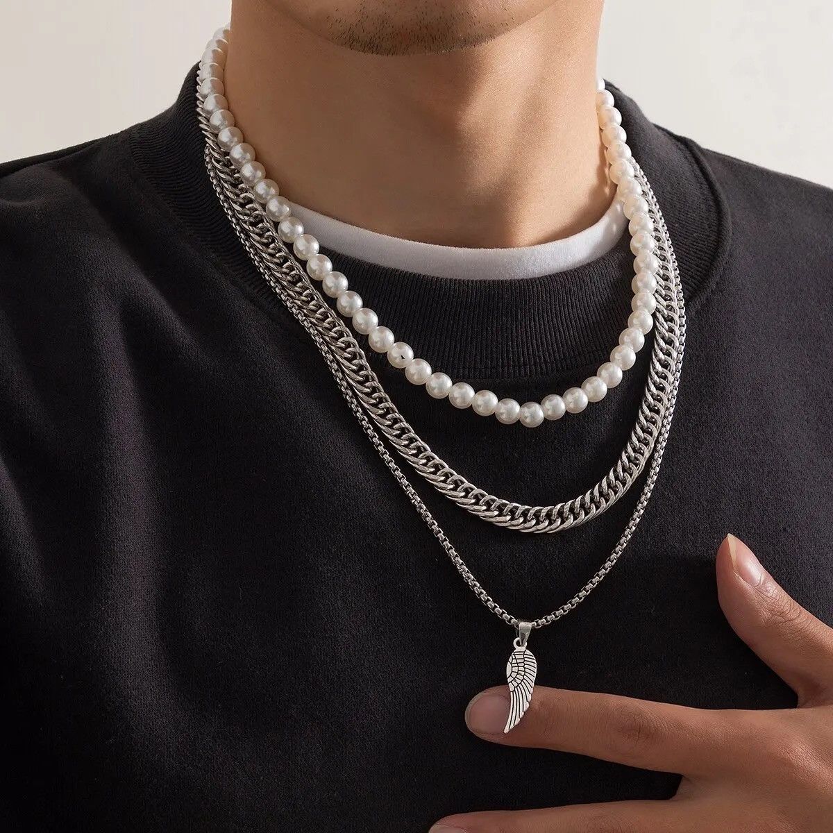 Jewelry 3pcs Pendant Necklaces Imitation-Pearl Cuban Thick Size ONE SIZE - 5 Thumbnail