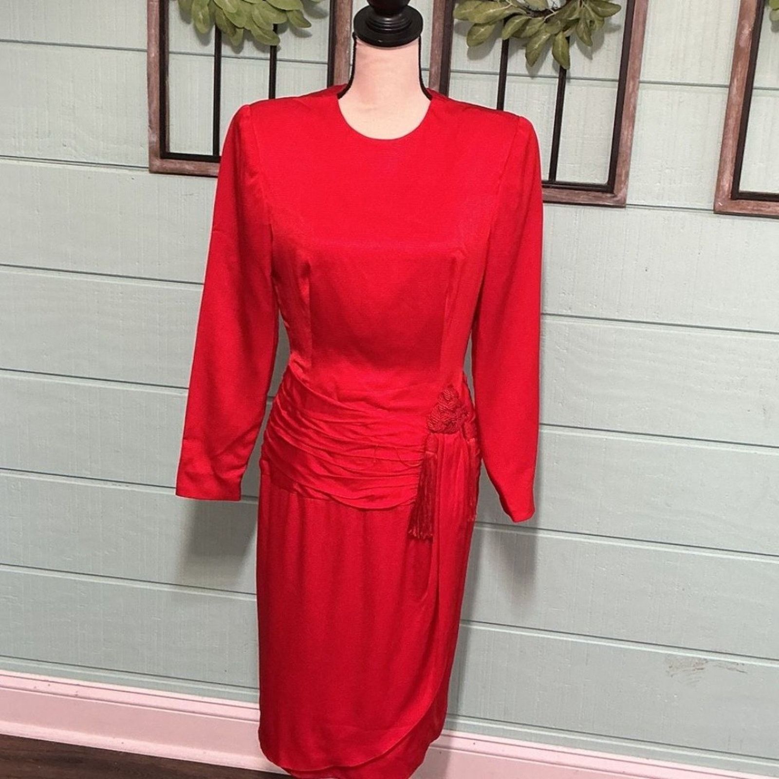 Homemade Vintage Red Satin Midi Dress Long Sleeve Formal Size S / US 4 / IT 40 - 1 Thumbnail