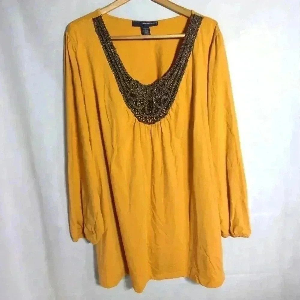 Designer Denim 24/7 Ladies Mustard Yellow top with woven detail sz 3 Size S / US 4 / IT 40 - 1 Thumbnail