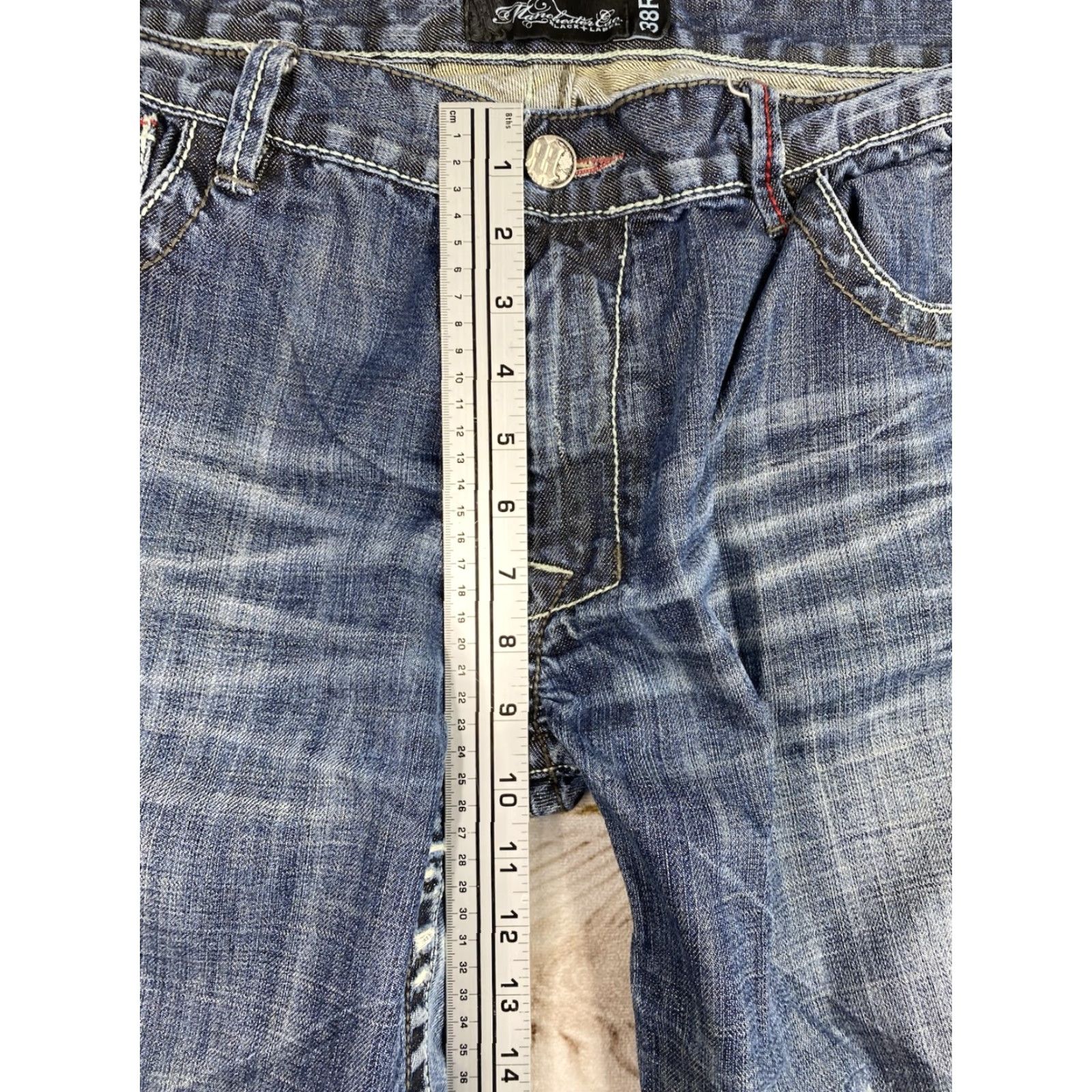 Denime Manchester Jeans Mens 38R Distressed Embroidered 5-Pocket Denim Dark Wash 100% Cotton Blue Jeans Mens Regular Size US 38 / EU 54 - 5 Thumbnail