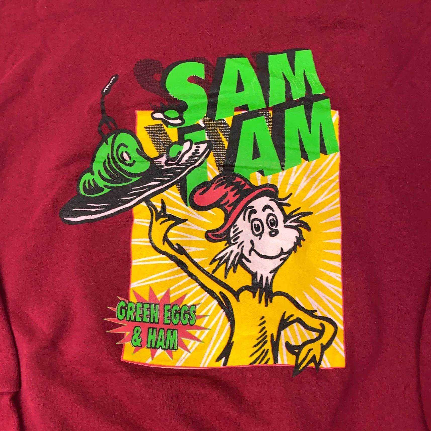 Vintage VINTAGE Dr Seuss Sweatshirt Mens XL Crew Neck Maroon Red Sam I Am Green Eggs & Ham USA 90s Cartoon Funny Pullover Sweatshirt Mens Size US XL / EU 56 / 4 - 2 Thumbnail