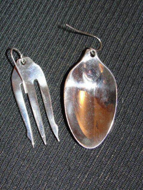 Handmade Sterling Silver Plated Brass Olive Fork and Spoon Earrings Size ONE SIZE - 1 Thumbnail