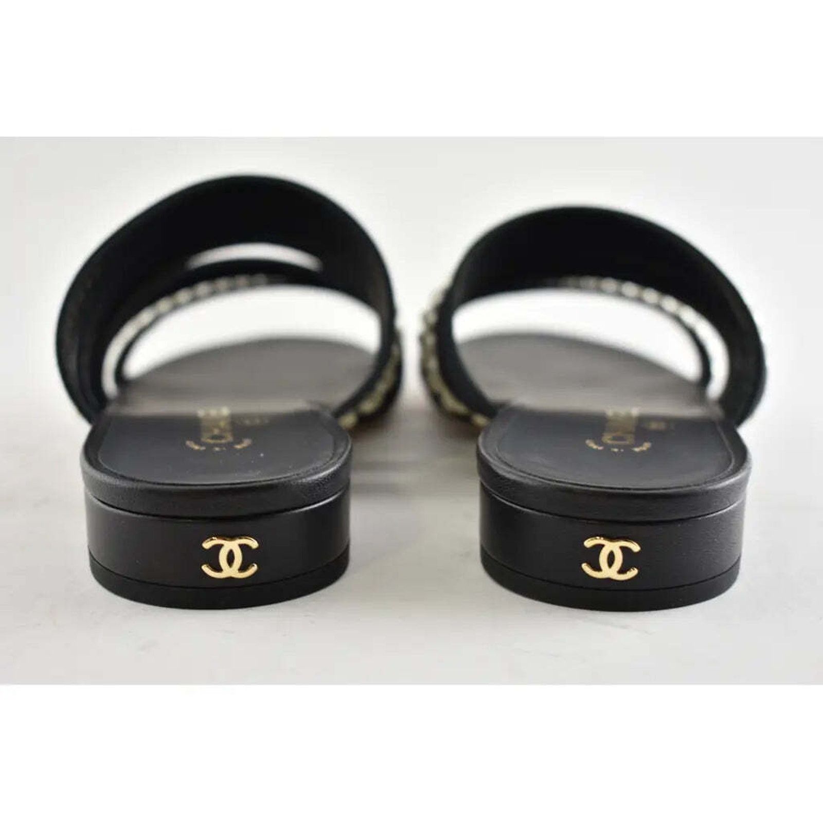 Chanel Chanel 20P Black White Pearl Strap CC Logo Slide Slip On Size US 8 / IT 38 - 8 Thumbnail