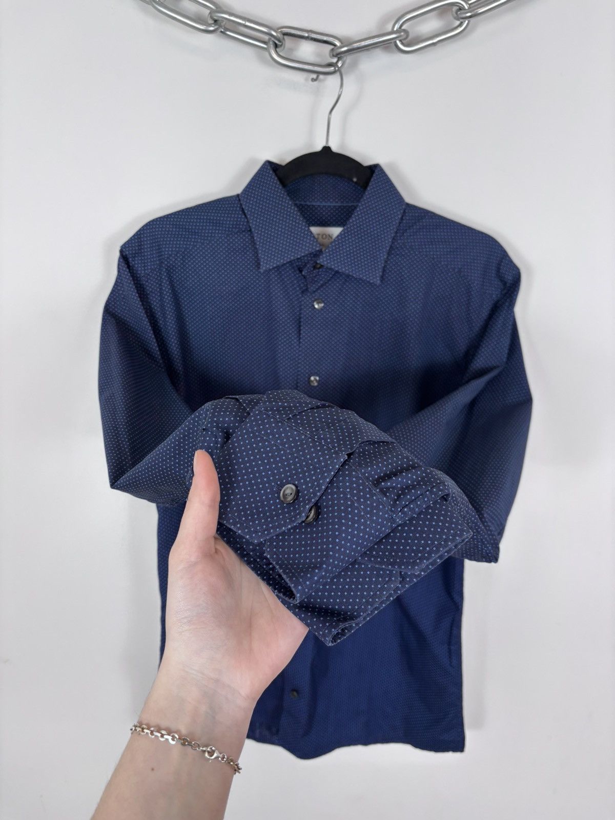 Eton Eton Men’s Polka Dot Slim Fit Navy Blue Button Up Shirt Size US M / EU 48-50 / 2 - 6 Thumbnail