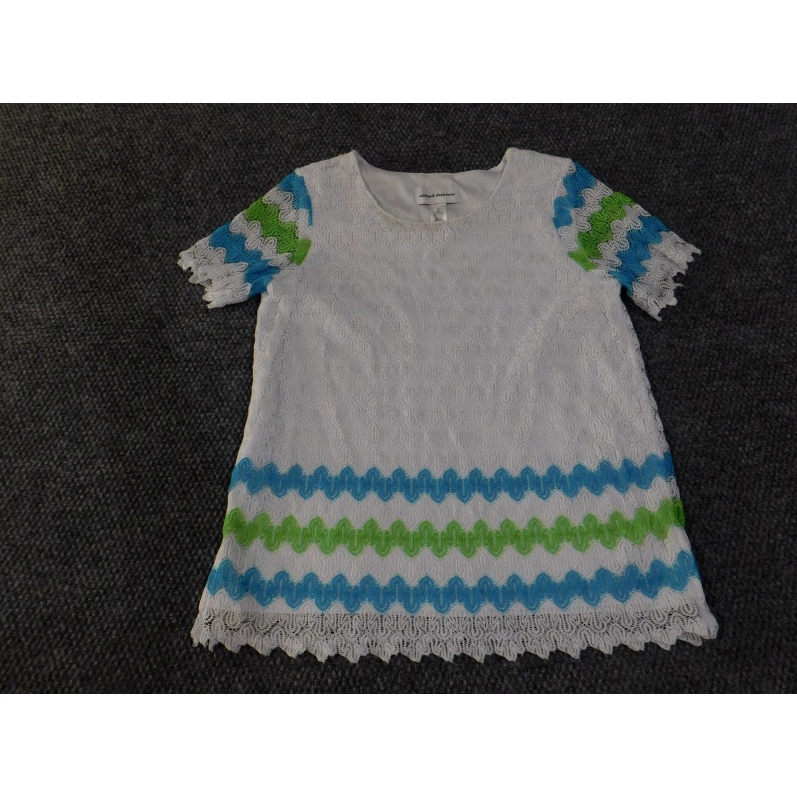 Vintage Alfred Dunner Top Womens S White Blue Green Lace Tunic Short Sleeve Lined Blouse Socop Neck Pattern Striped Size S / US 4 / IT 40 - 3 Thumbnail