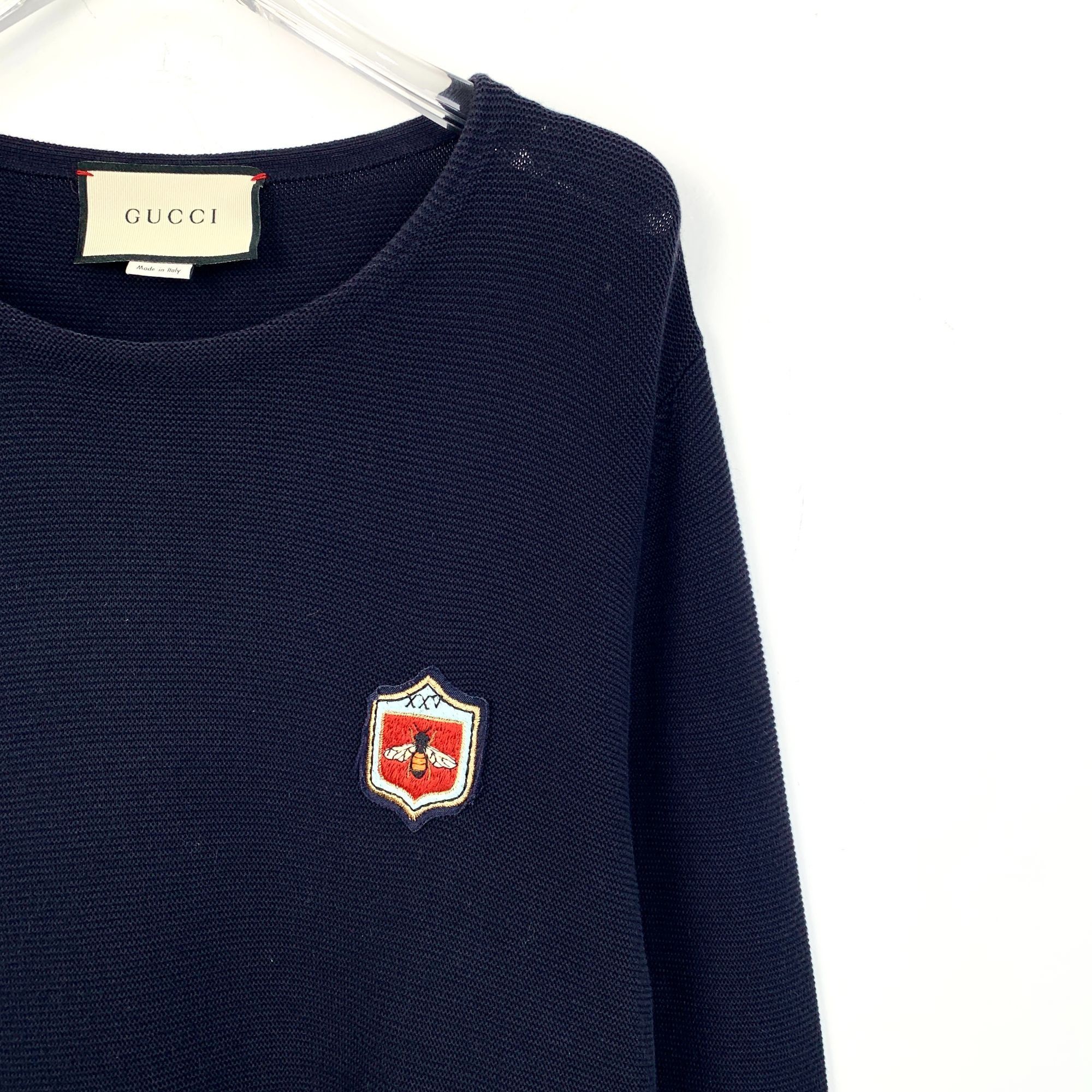 Gucci Gucci Mens Navy Wool & Cotton Sweater With Crest & Stripes M Size L / US 10 / IT 46 - 3 Thumbnail