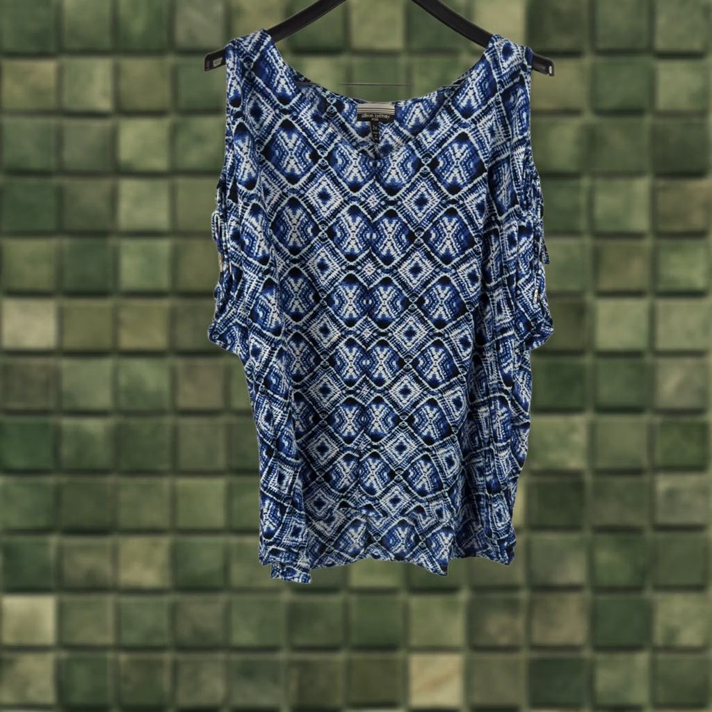 Vintage Allison Brittney Women's Plus Size 2X Blue Geometric Top Cold Shoulder boho Blouse Size XXL / US 16-18 / IT 52-54 - 1 Thumbnail