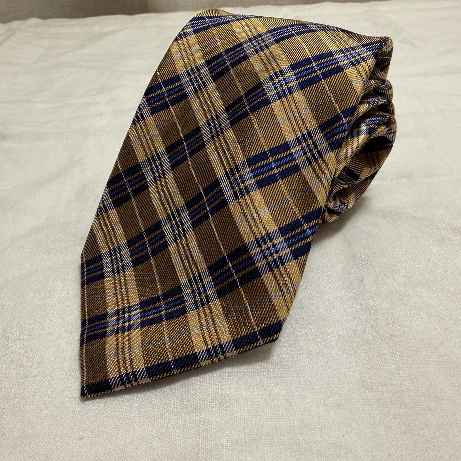 Countess Mara Countess Mara Gold/Navy Plaid Silk Tie – Crown Logo Classic Size ONE SIZE - 1 Thumbnail
