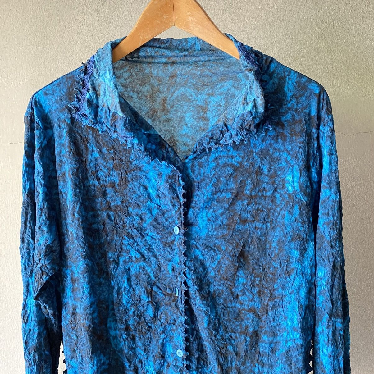 Issey Miyake Haat Blue Crinkle Textured Shirt/Ruffled High Neck Blouse Size XS / US 0-2 / IT 36-38 - 13 Thumbnail