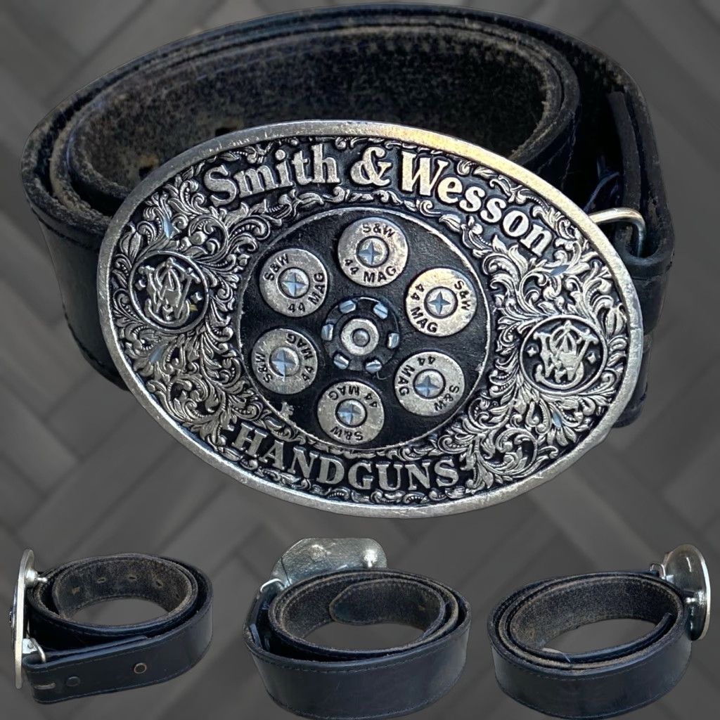 Vintage Vintage Smith & Wesson Handguns .44 Mag Belt Buckle w/ Leather Belt 36 USA Size ONE SIZE - 1 Thumbnail