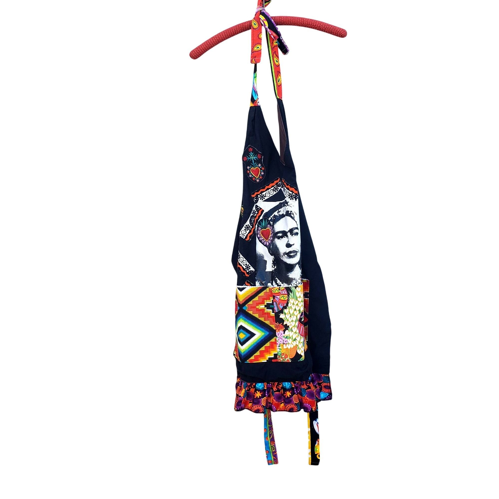 Handmade Frida Kahlo Bib Apron Colorful Handmade Black Cotton Plus Si Size XXL / US 16-18 / IT 52-54 - 3 Thumbnail