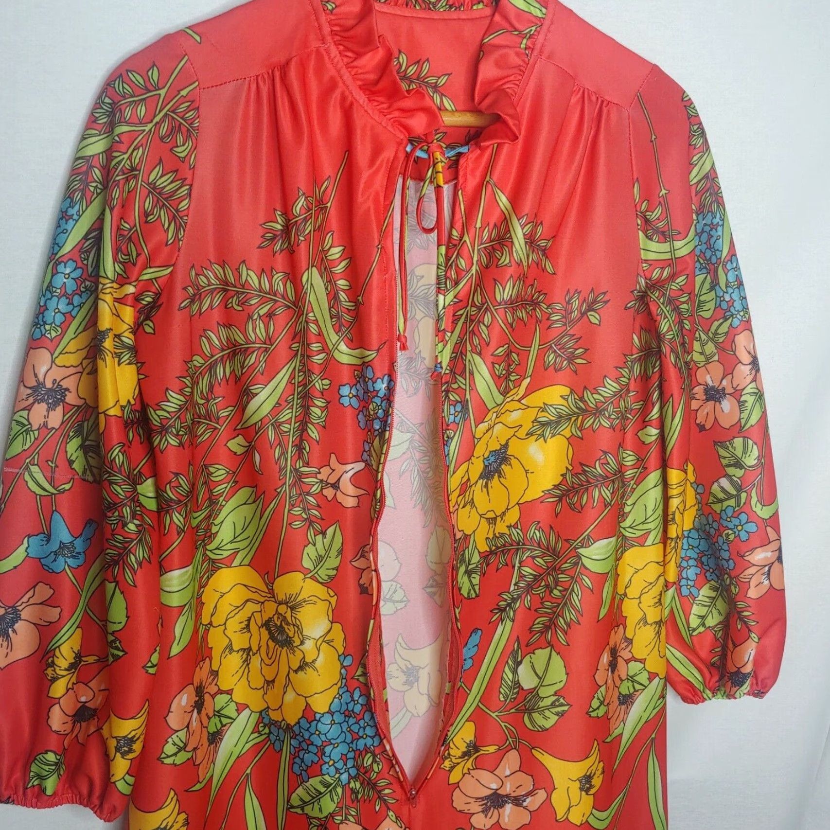 Vintage VINTAGE Robe Women Kimono Long Sleeve Floral 54" Long Maxi Red Polyester Stretch M Size ONE SIZE - 3 Thumbnail