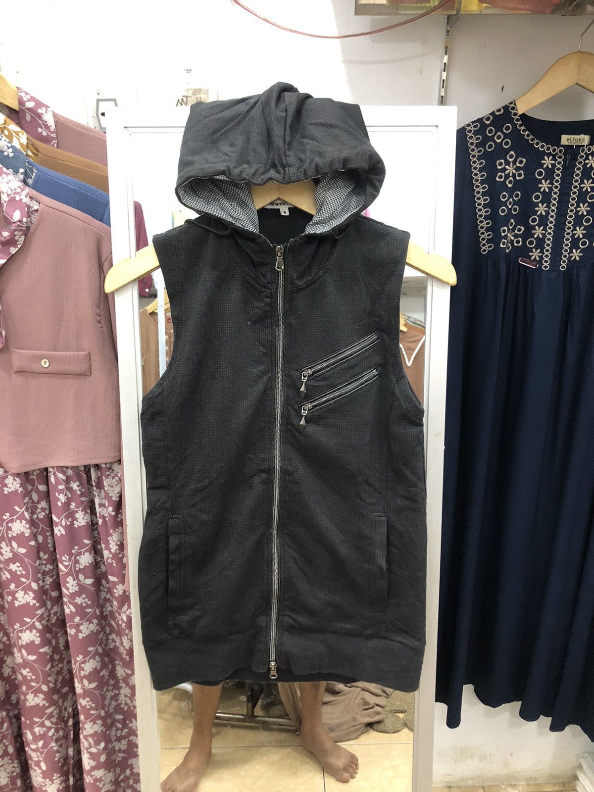 Semantic Design Double Zipper Sleeve less Hoodie