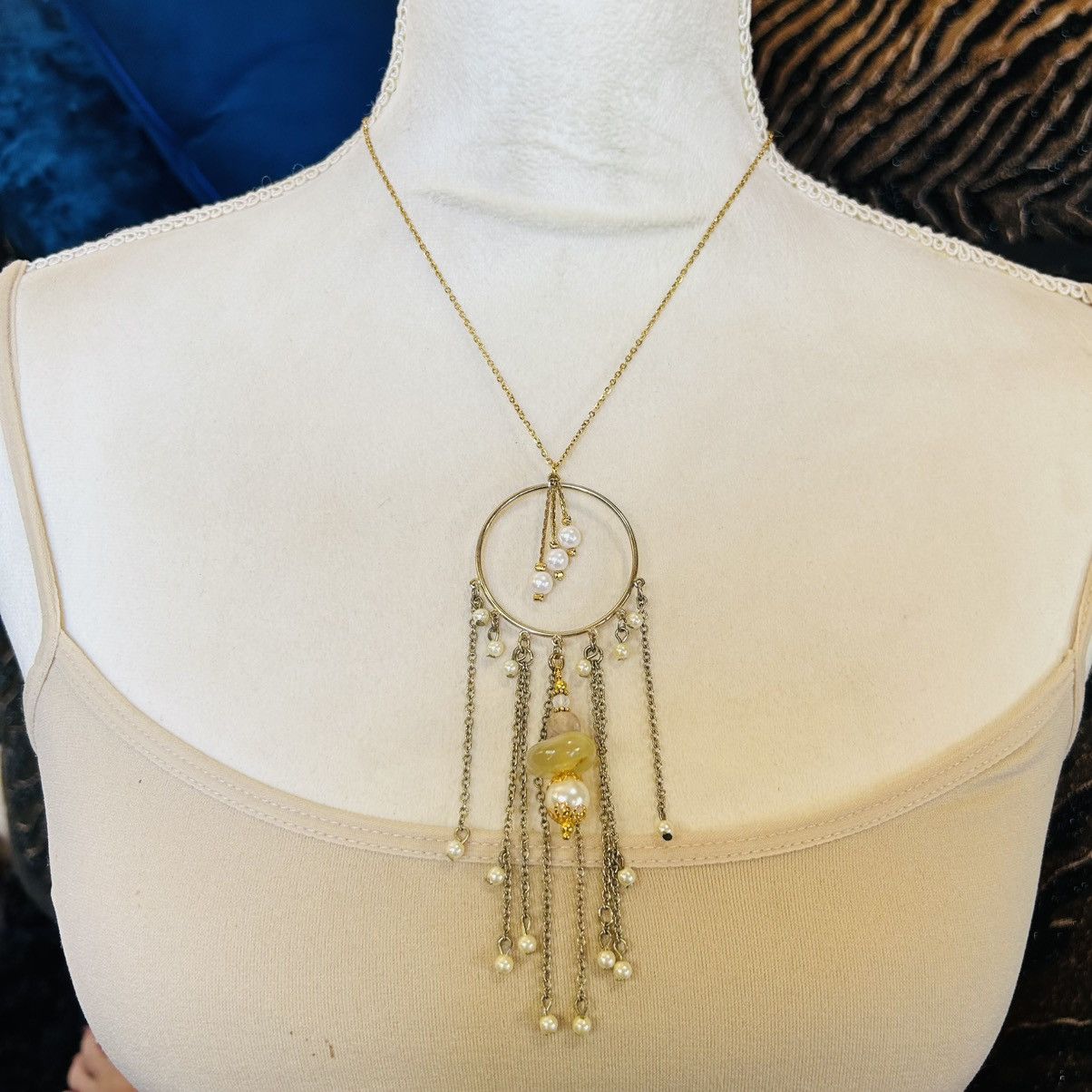 Handmade Handcrafted elegant stone dangle fringe medallion necklace Size ONE SIZE - 3 Thumbnail