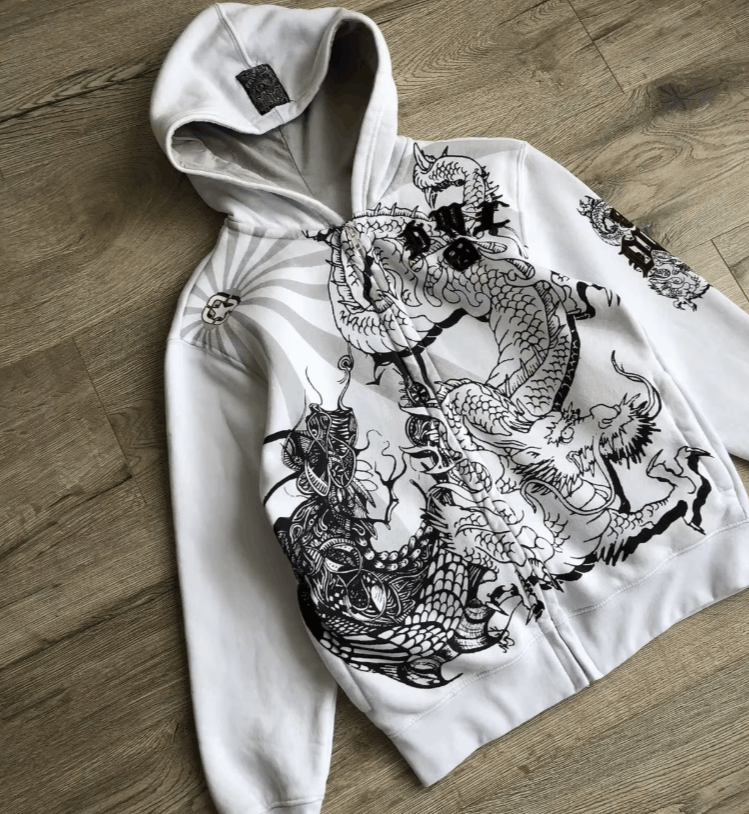 Japanese Brand Y2K Chinese Dragon Ink Wash Print Hooded Zip Up Size US L / EU 52-54 / 3 - 6 Thumbnail