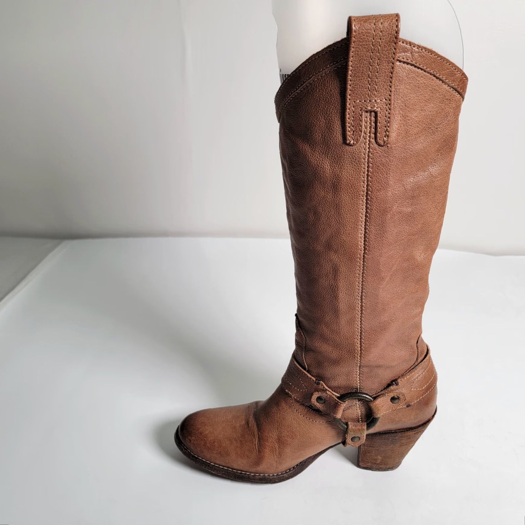 Frye VINTAGE Frye Taylor Harness Boots Brown Leather Western Ladies 6 Almond Toe Slip On Cowboy Mid Heel Leather Outsole Womens Size US 6 / IT 36 - 7 Thumbnail