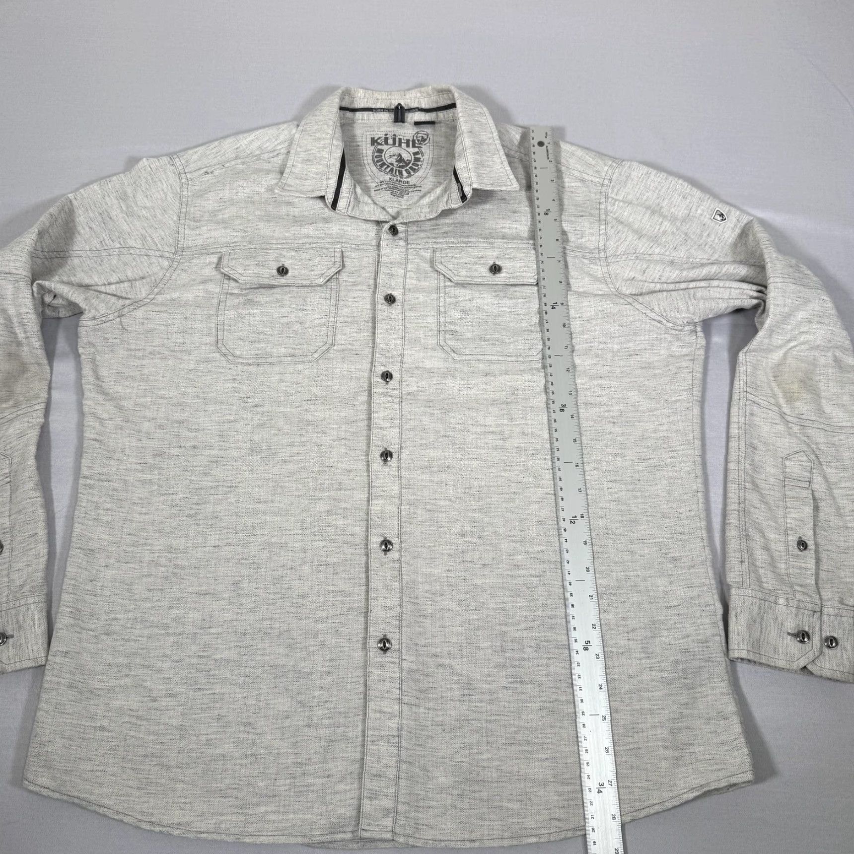 Vintage Kuhl Mens Button-Up Shirt XL Gray Heather Linen Cotton Polyester Long Sleeve Hike Pockets Reg Regular Brand: Kuhl Size US XL / EU 56 / 4 - 7 Thumbnail