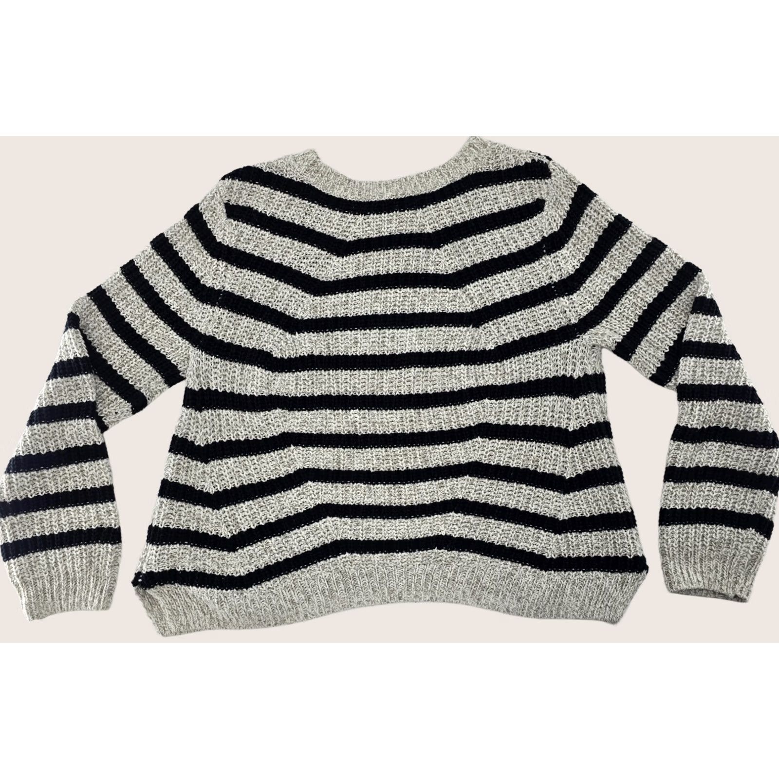 H&M H&M Chunky Knit Sweater Women's Black Off-White Striped Loose Fit Pullover- L Size L / US 10 / IT 46 - 1 Thumbnail