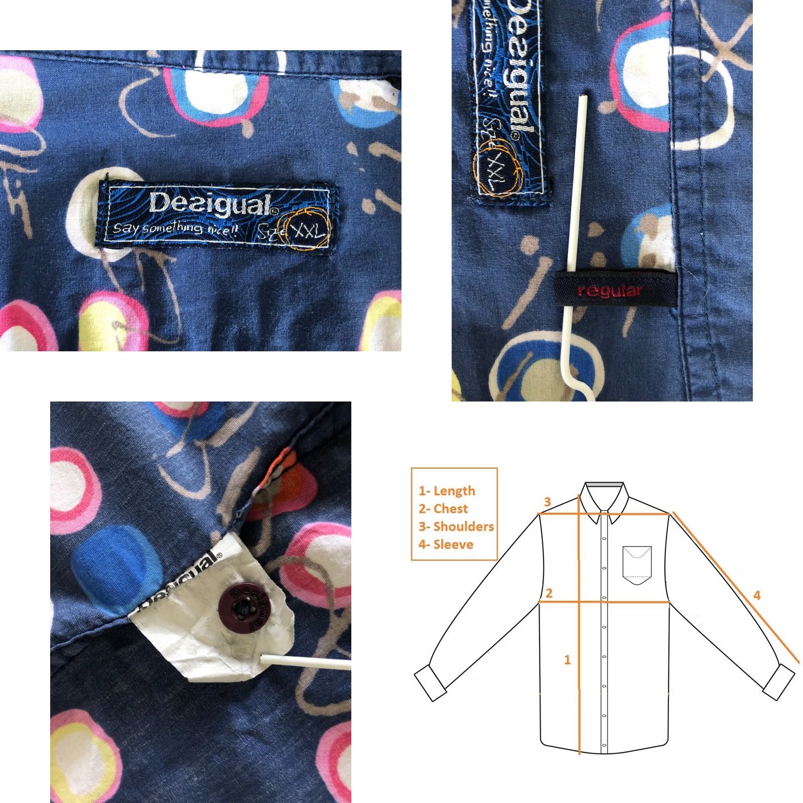 Desigual Desigual Men's Shirt Geometric Cotton Patterned Blue 2XL Button-Up Long Sleeve Collared Embroidered Logo Casual Shirt Mens Size US XXL / EU 58 / 5 - 9 Thumbnail