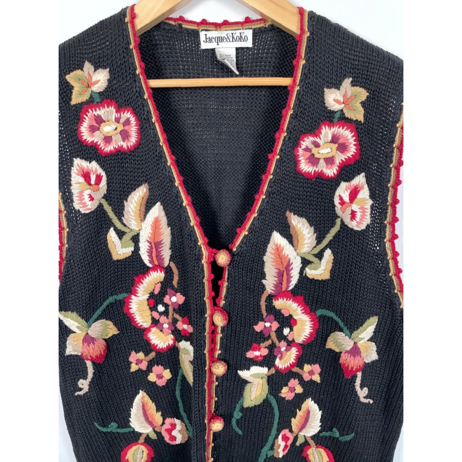 Vintage VINTAGE Jacque & Koko Floral Embroidered Sweater Vest Women's 18 / 20 Black Tassel Fringe Chunky Knit Shirt Womens Plus 90s Flower Retro Knitted Vest Size XXL / US 16-18 / IT 52-54 - 6 Thumbnail