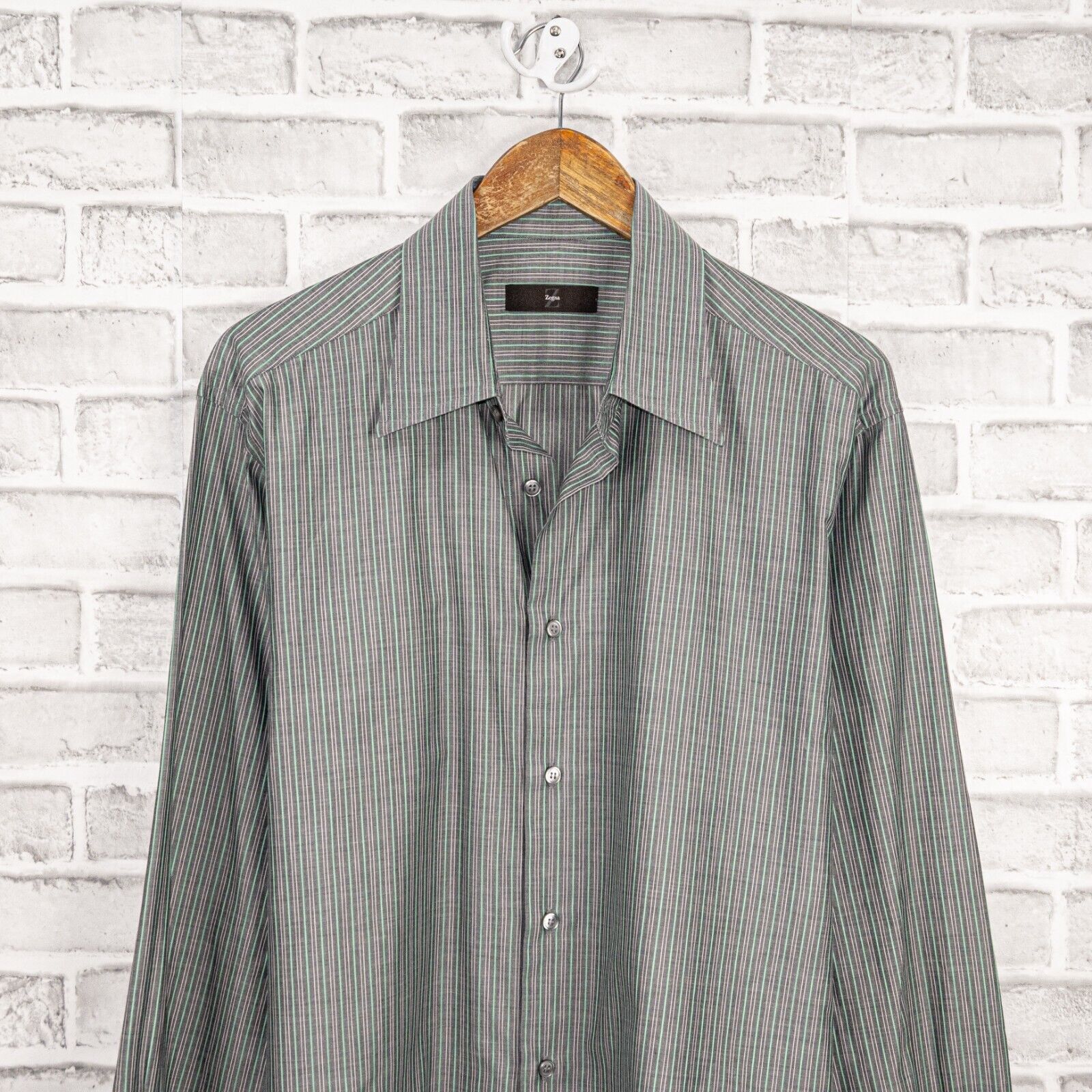 Z Zegna Ermenegildo Z Zegna Button up Shirt in Gray green striped Size US XL / EU 56 / 4 - 3 Thumbnail