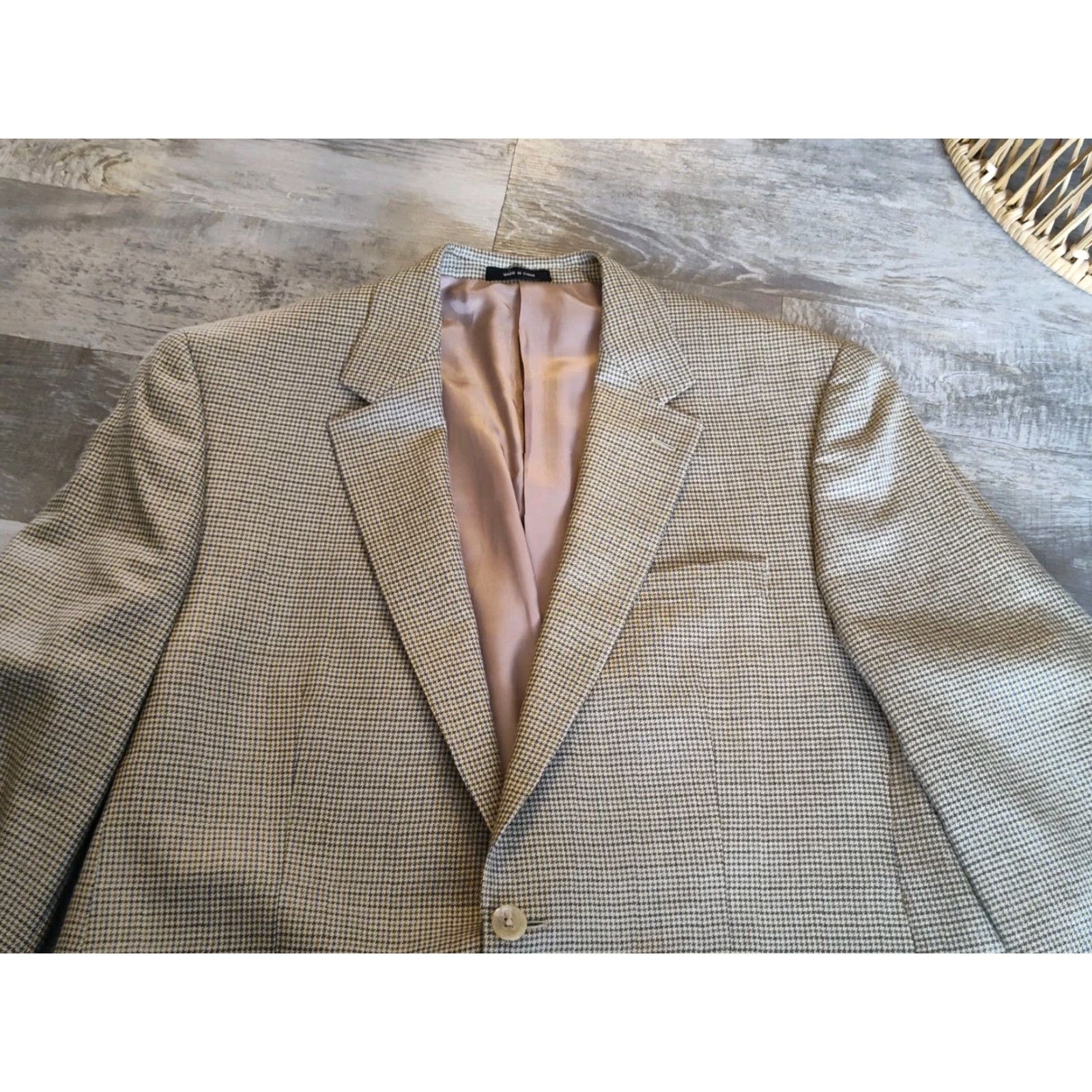 Stafford Lauren Ralph Lauren Suit Jacket Houndstooth Mens 43L Blazer Silk Wool Tweed Notch Lapel Single-Breasted Two-Button Long Modern Dress Size 46R - 7 Thumbnail