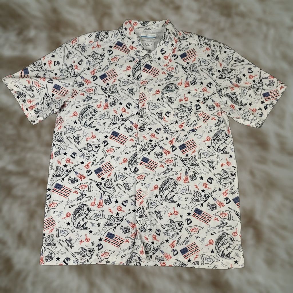Vintage Columbia Shirt Mens Small White/Blue USA Print Button-Up Short Sleeve Size US S / EU 44-46 / 1 - 1 Thumbnail