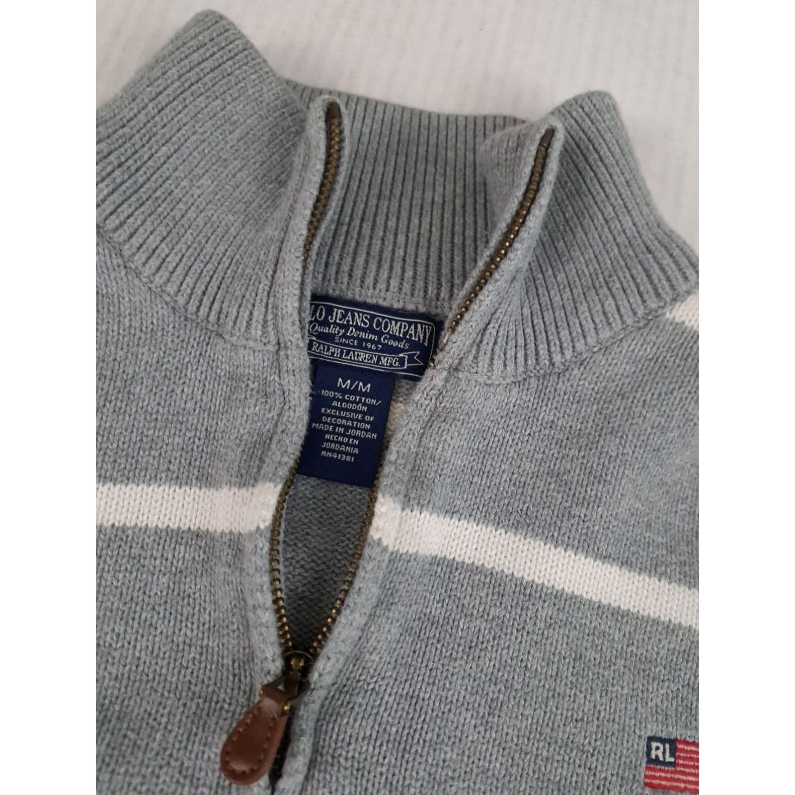 Ralph Lauren VINTAGE Ralph Lauren Jeans Company 1/4 Zip Polo Sweater Grey Striped Knit Long Sleeve Mens M Regular Pullover Size US M / EU 48-50 / 2 - 5 Thumbnail