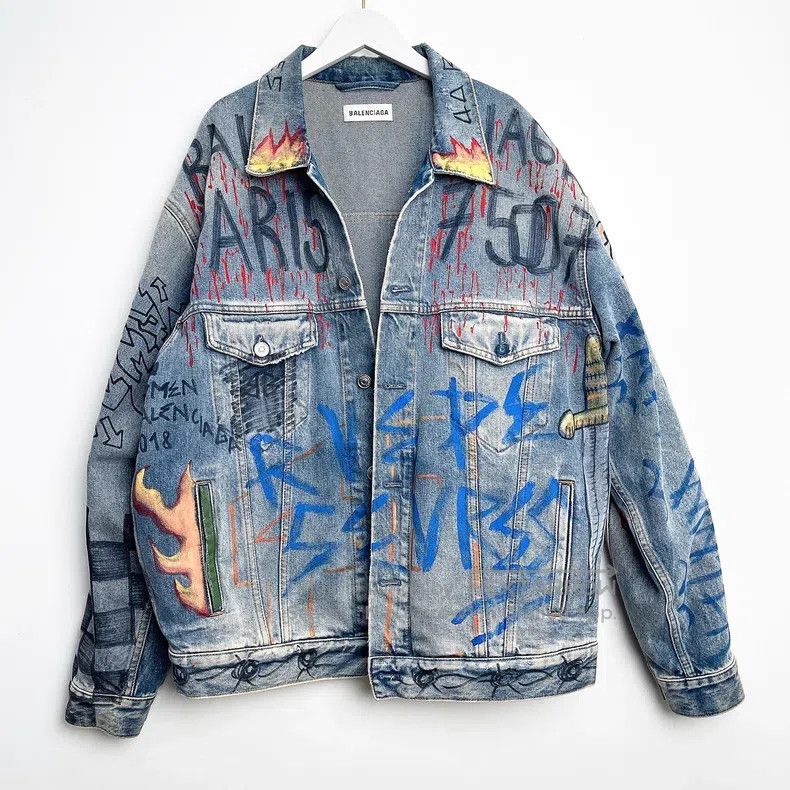 Balenciaga Plaid Graffiti Casual Denim Jacket Loose Fit De