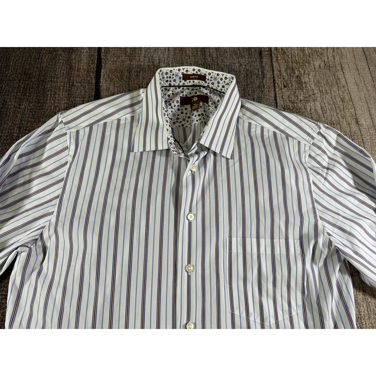 Egara Egara Dress Shirt Mens XL Slim Fit Blue Brown White Striped Size US XL / EU 56 / 4 - 3 Thumbnail