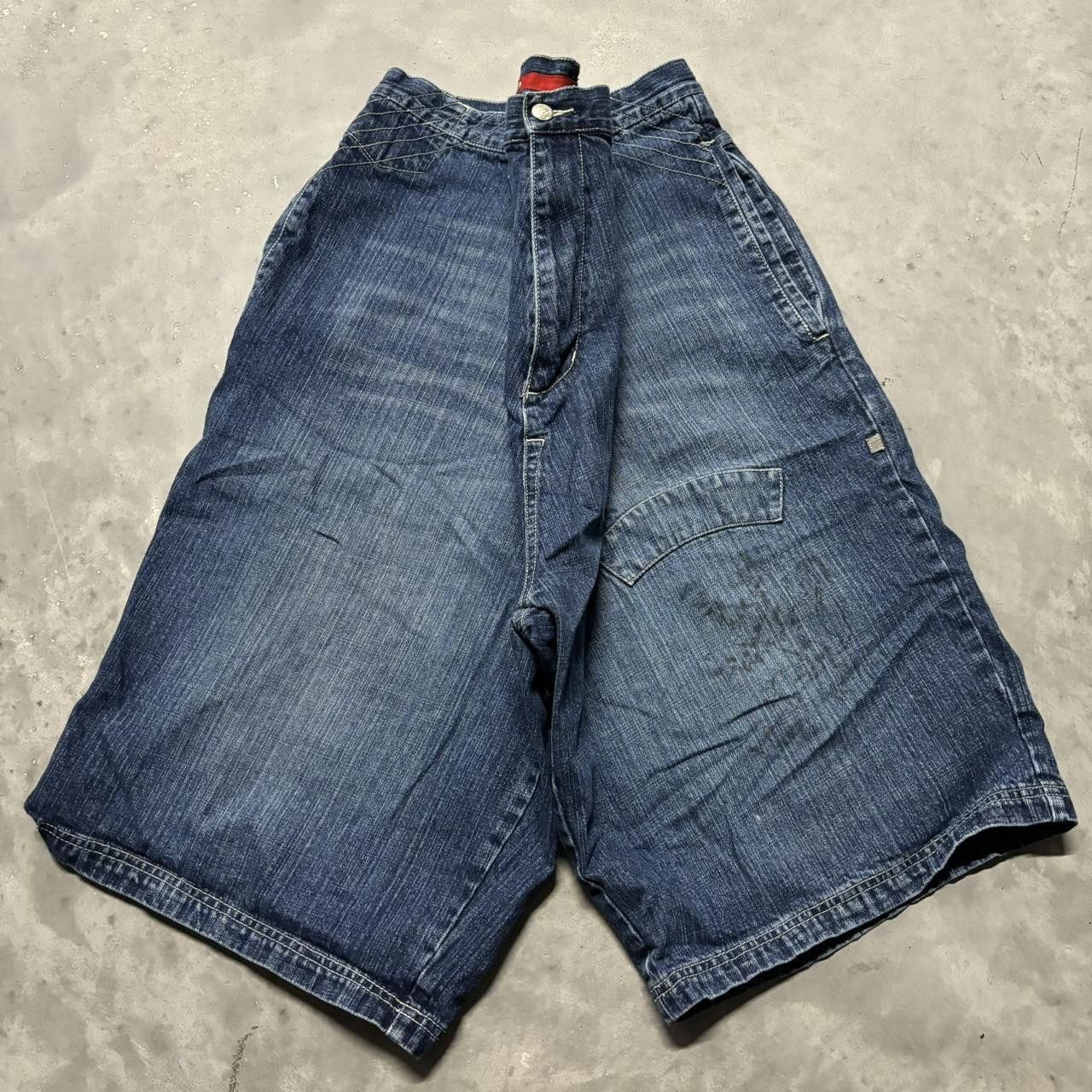 Japanese Brand × Vintage Crazy Vintage Y2K/2000s Super Baggy Grunge Dark Wash Skater Jean Shorts Jorts! Size US 40 / EU 56 - 1 Thumbnail