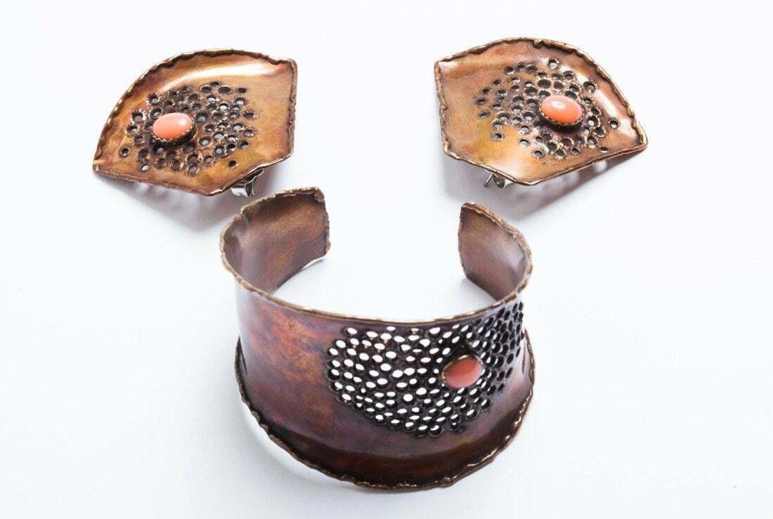 Designer Copper and Pink Coral Bracelet and Earrings Set Size ONE SIZE - 1 Thumbnail