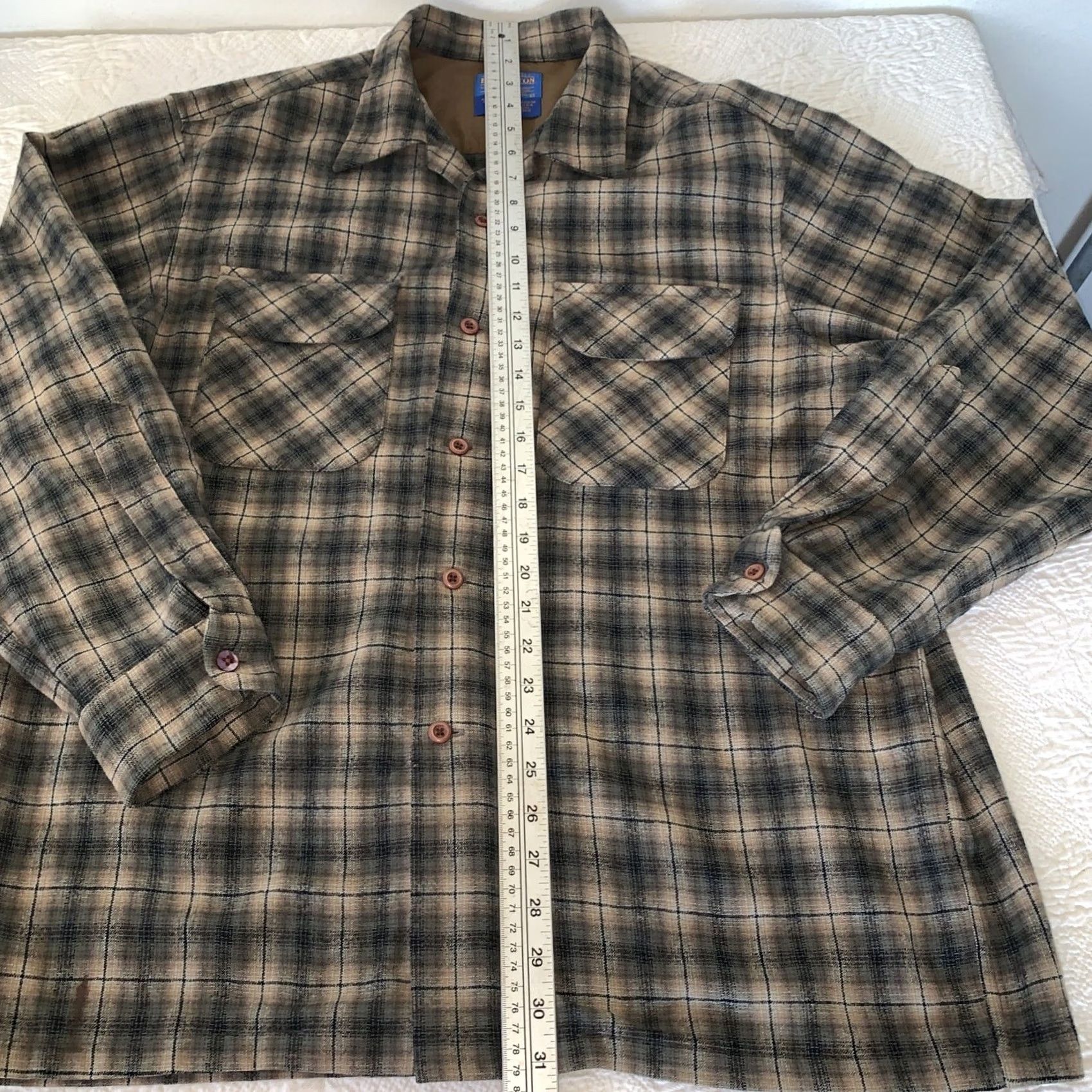 Pendleton VINTAGE Pendleton Board Shirt Wool Brown Shadow Plaid Loop Collar Mens Large Size US L / EU 52-54 / 3 - 6 Thumbnail