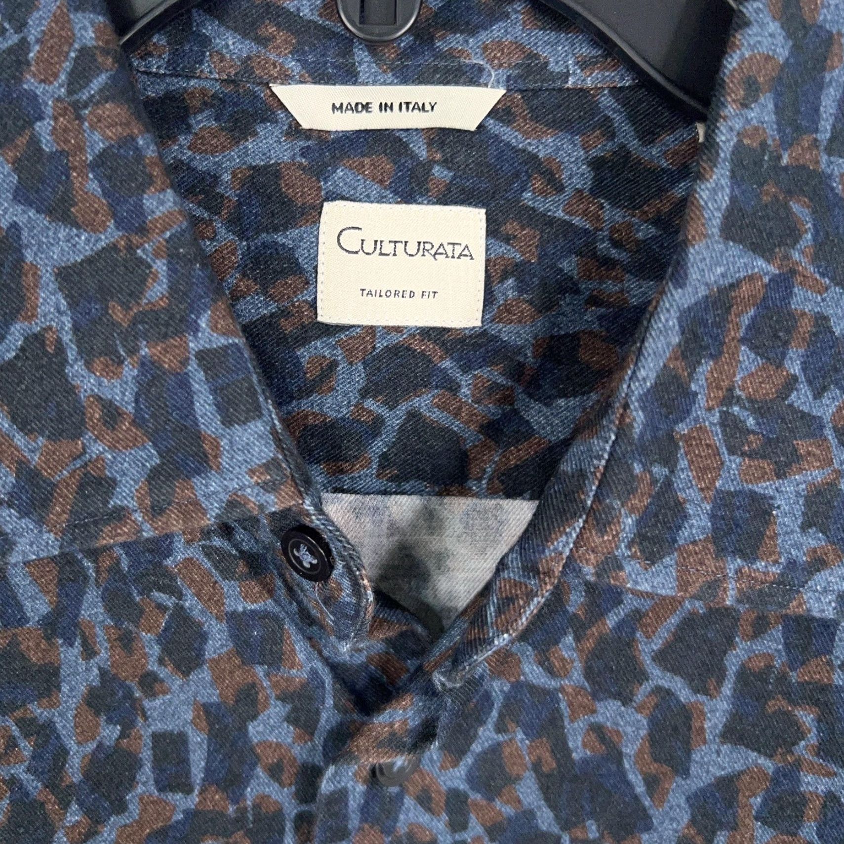 Vintage Culturata Shirt Mens XL Blue Brown Geometric Print Tailored Fit Made Italy Dress Shirt Mens XL Blue Brown Geometric Print Italy Dress Shirt Size 46R - 4 Thumbnail