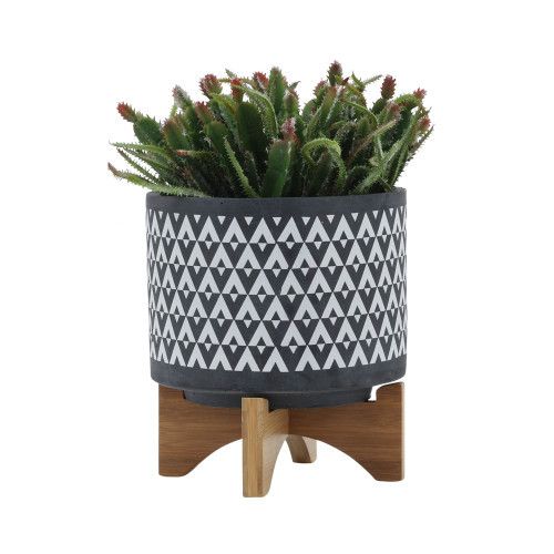 Designer × Homemade CERAMIC 8" AZTEC PLANTER ON WOODEN STAND, GRAY Size US L / EU 52-54 / 3 - 4 Thumbnail